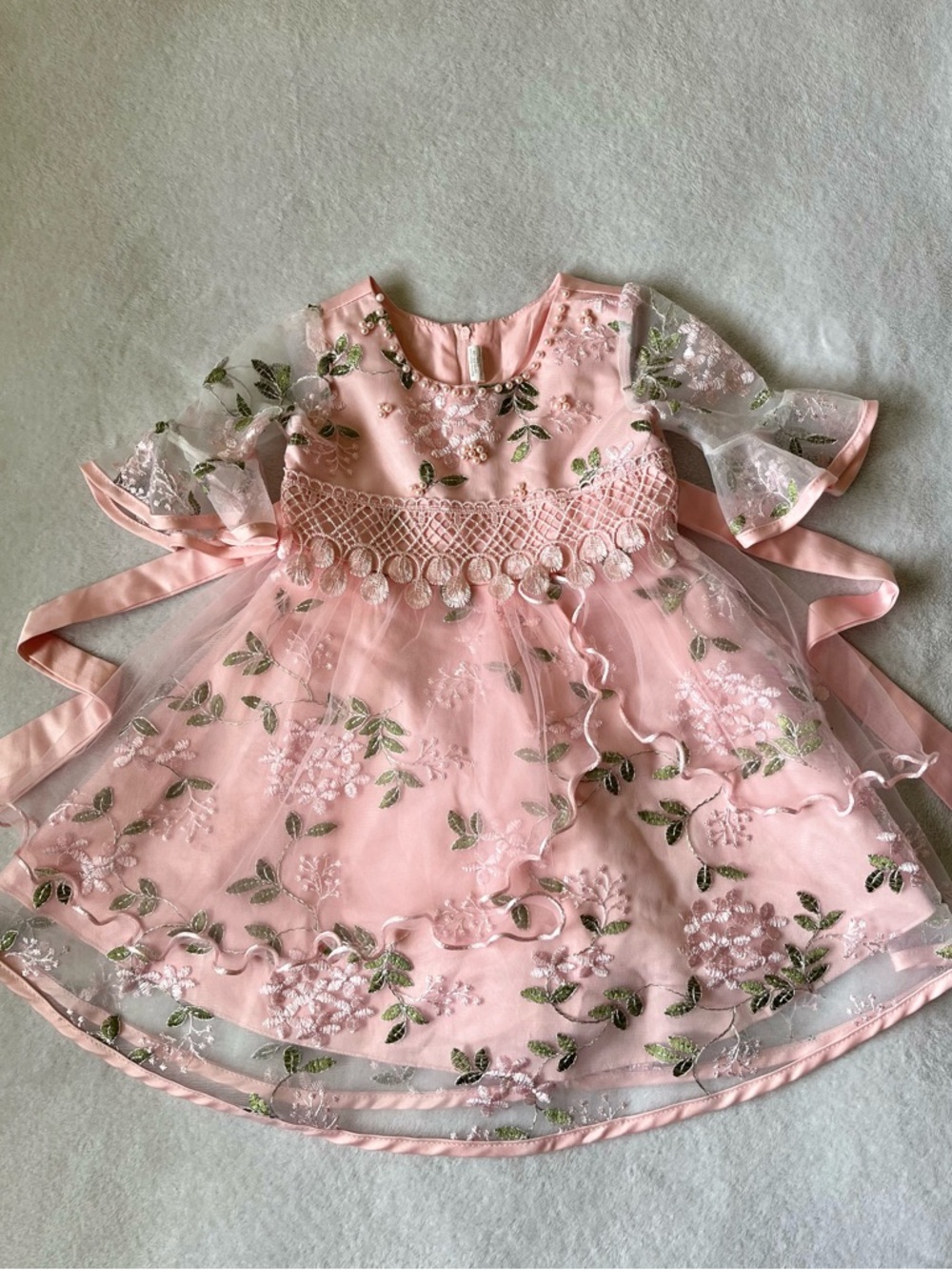 Pink Floral Embroidered Kids Dress